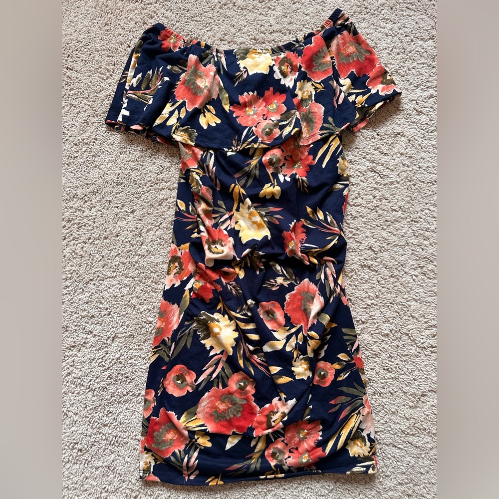 Navy Floral Maternity Off -Shoulder Women’s Dress | Hello MIZ